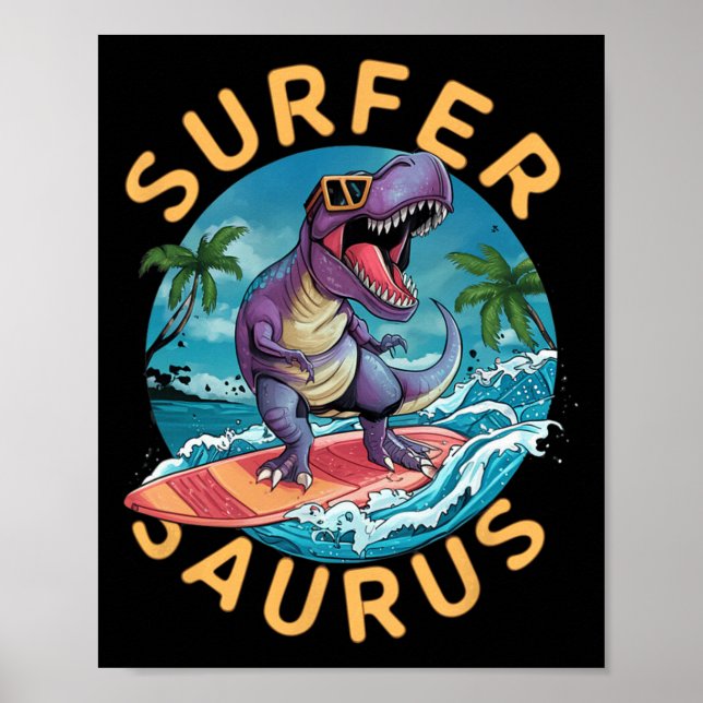 Affiche Surfeur Saurus T-rex Dinosaures Surfant Cavalier D (Devant)