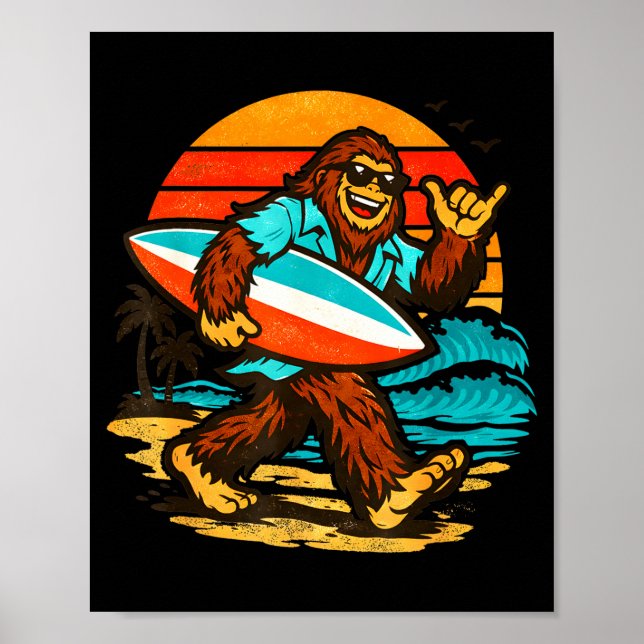 Affiche Surfing bigfoot rétro plage de coucher de soleil p (Devant)