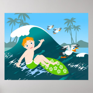 Affiche Surfs de garçon grande vague fête d'anniversaire