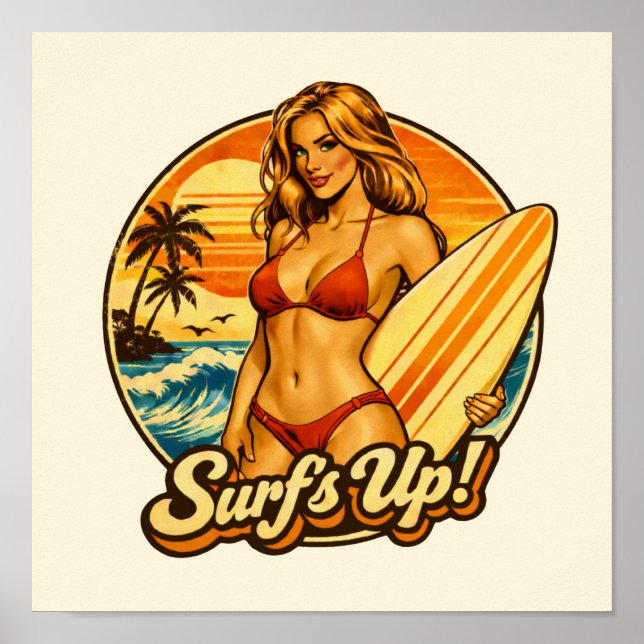 Affiche Surf's Up Bikini Pin-Up Retro Surf Shop Beach Art (Devant)
