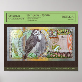 Affiche Surinam 25,000 Gulden Réplique de billets 10x8 pho