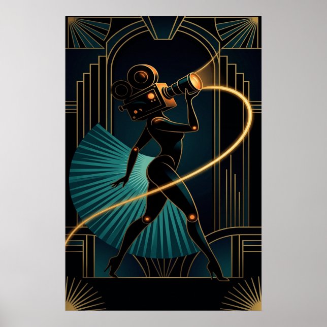 Affiche Surreal Art Deco Camera Woman Gold Silhouette (Devant)