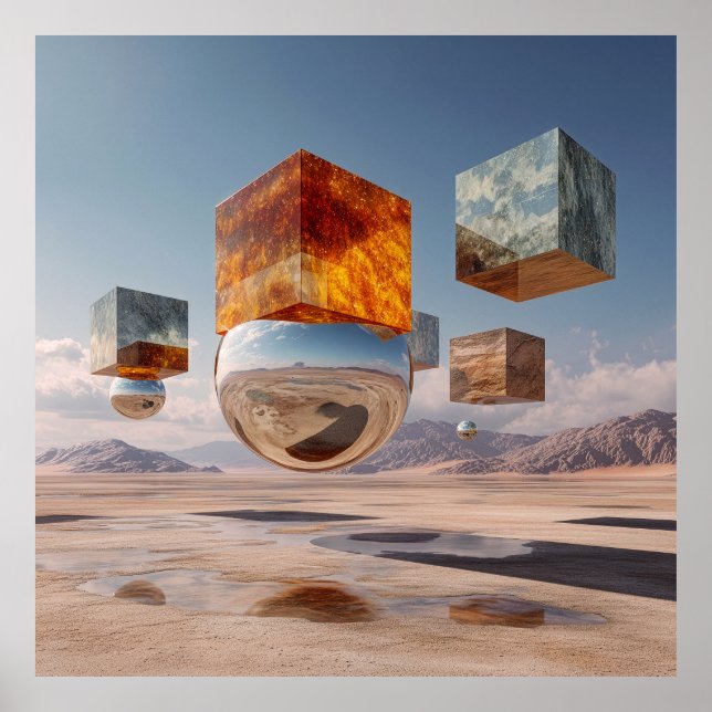 Affiche Surreal Floating Cubes And Reflective Sphere (Devant)
