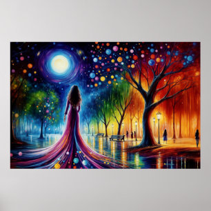 Affiche Surreal girl imaginaire lune parc arc-en-ciel arbr