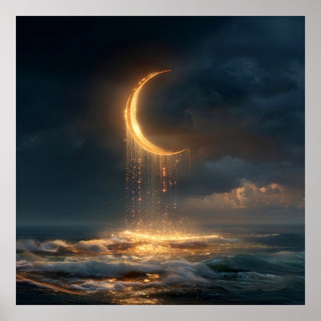 Affiche Surreal Golden Crescent Moon Above Ocean (Devant)