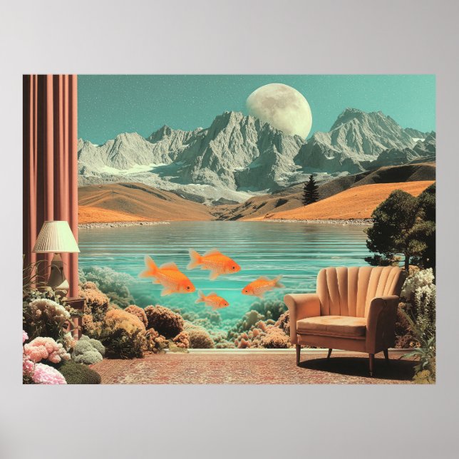 Affiche Surreal Interior with Fish and Moonlit Landscape (Devant)