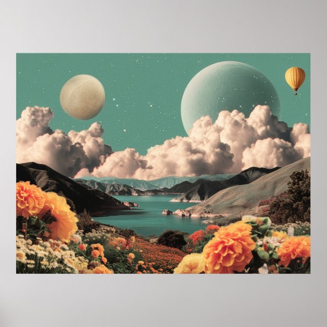 Affiche Surreal Mountain Landscape with Planets and Clouds (Devant)