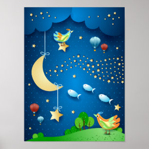 Affiche Surreal night with moon and wave of stars
