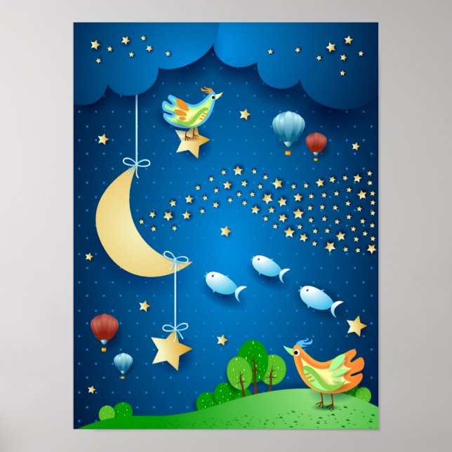 Affiche Surreal night with moon and wave of stars (Devant)