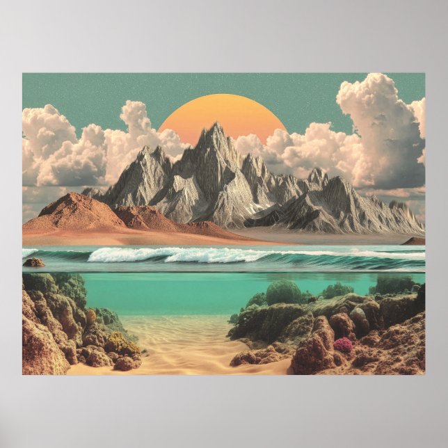 Affiche Surreal Ocean and Mountain Landscape with Waves (Devant)