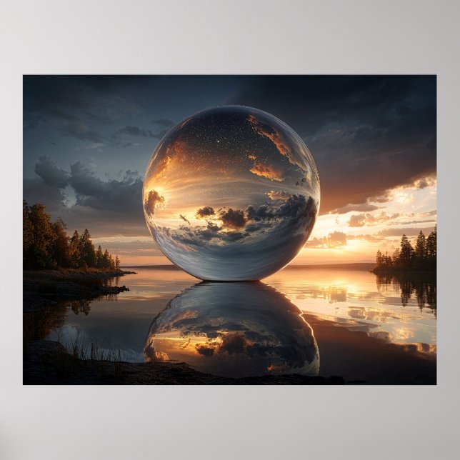 Affiche Surreal Reflective Sphere With Sunset Clouds Over  (Devant)