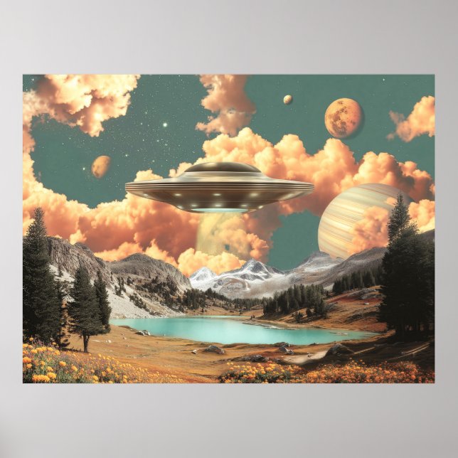 Affiche Surreal UFO Above Mountain Lake with Planets (Devant)