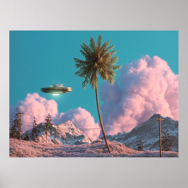 Affiche Surreal UFO and Palm Tree Mountain Scene (Devant)