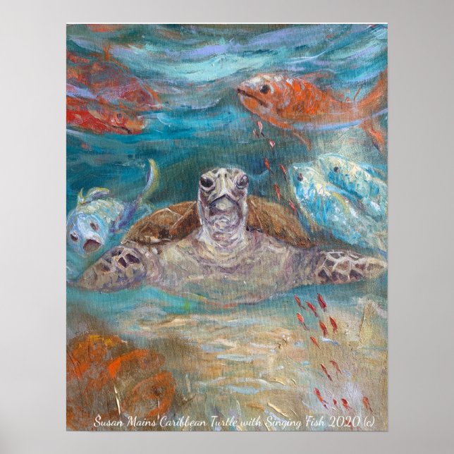 Affiche Susan Mains Turtle avec Singer Fish Caribbean (Devant)