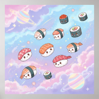Affiche Sushi Flying in Pastel Galaxy Sky