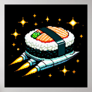 Affiche Sushi Spacship Pixel Art Flying Sushi Roll Design