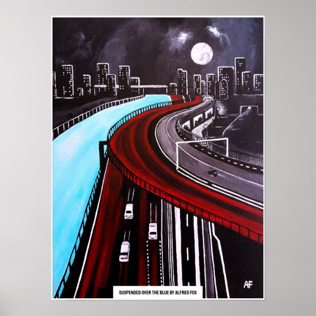 Affiche Suspendu au-dessus de la peinture bleue par Alfred (Devant)