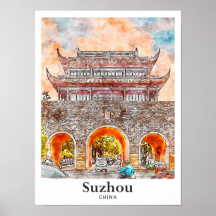 Affiche Suzhou Chine Voyage Aquarelle Croquis main tiré