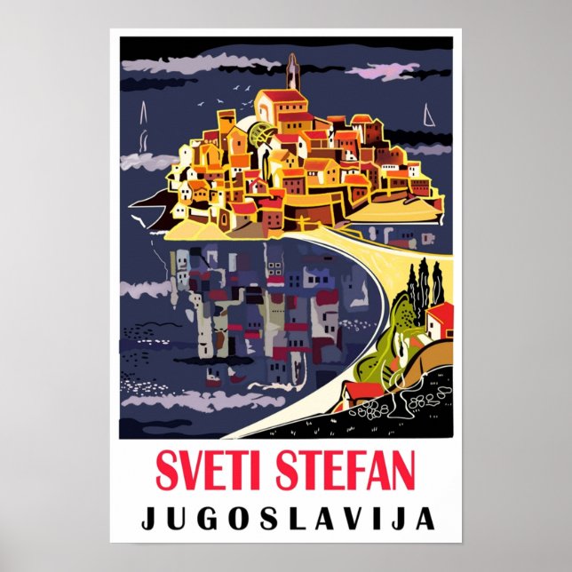 Affiche Sveti Stefan île Yougoslavie Monténégro vintage (Devant)