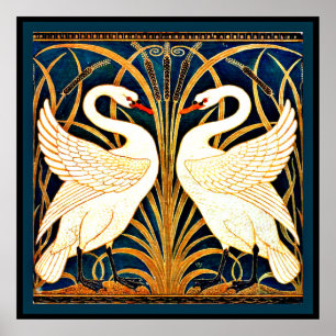 Affiche Swan and Rush and Iris, vintage painting,