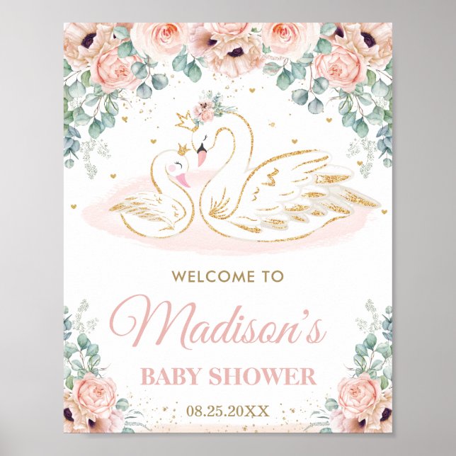 Affiche Swan Princess Blush Floral Baby shower Bienvenue (Devant)