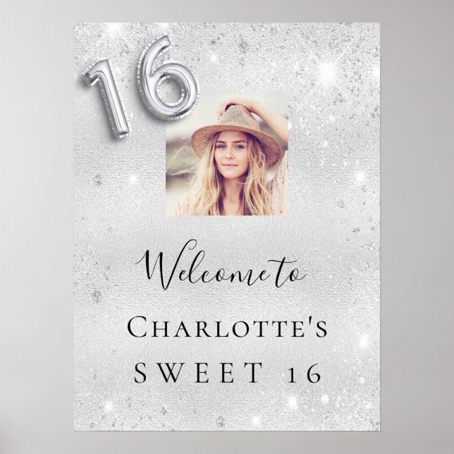Affiche Sweet 16 anniversaire argent parties scintillant p (Devant)
