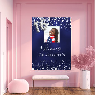Affiche Sweet 16 bleu marine argent étoiles photo bienvenu