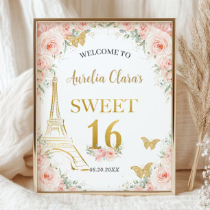 Affiche Sweet 16 Blush Floral Paris Eiffel Champagne