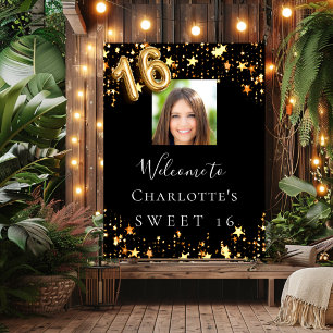 Affiche Sweet 16 étoiles d'or noir photo bienvenue