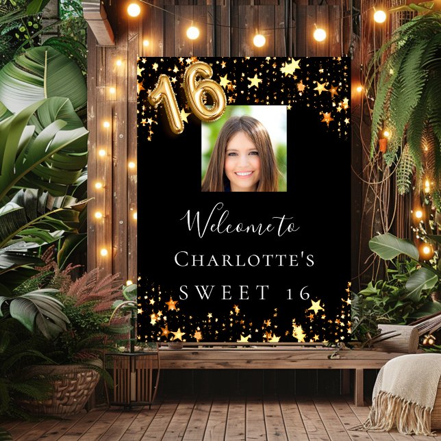 Affiche Sweet 16 étoiles d'or noir photo bienvenue (Créateur téléchargé)