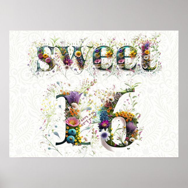 Affiche Sweet 16 Joyeux Anniversaire Fleur sauvage Texte (Devant)