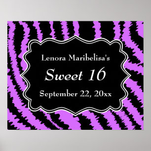 Affiche Sweet 16 Motif Zèbre noir et pourpre