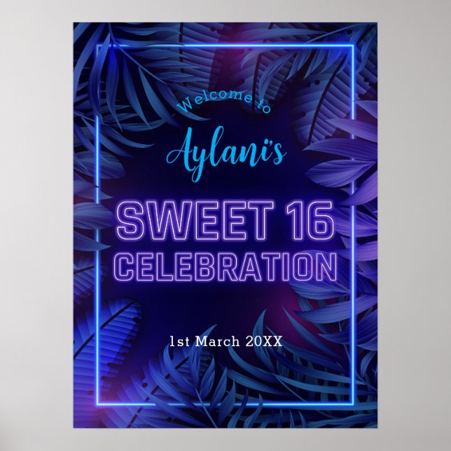 Affiche Sweet 16 Neon Glow Anniversaire Bienvenue (Devant)