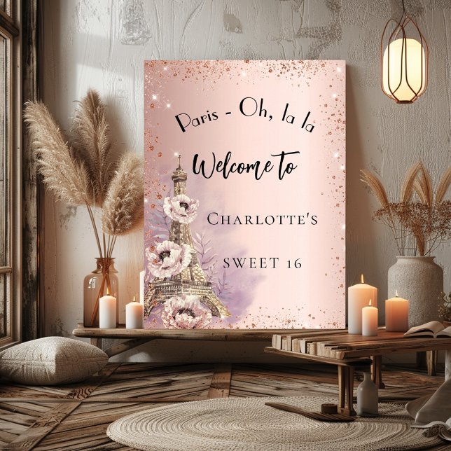 Affiche Sweet 16 Paris tour eiffel rose or bienvenue (Créateur téléchargé)