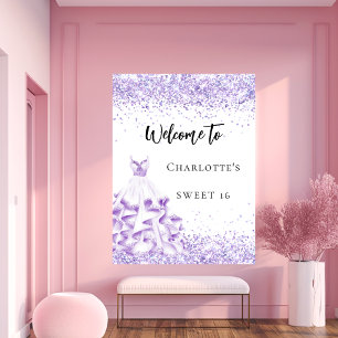 Affiche Sweet 16 robe blanche violet fête d'accueil