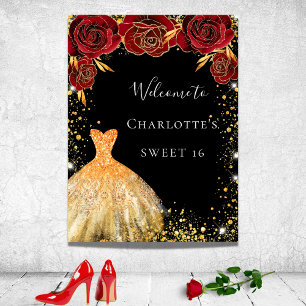 Affiche Sweet 16 robe or noir rouge rouge floral accueil
