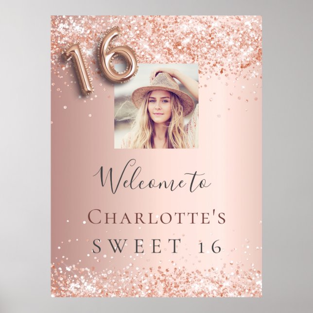 Affiche Sweet 16 rose or parties scintillant photo bienven (Devant)