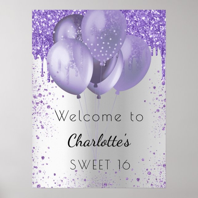 Affiche Sweet 16 violet parties scintillant argent ballons (Devant)