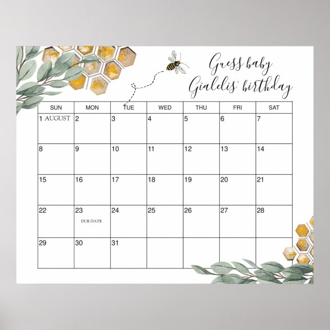 Affiche Sweet as can Bee Eucalyptus Shower Due Date Guess  (Devant)