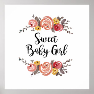 Affiche Sweet Baby Girl Baby shower de peinture à la fleur