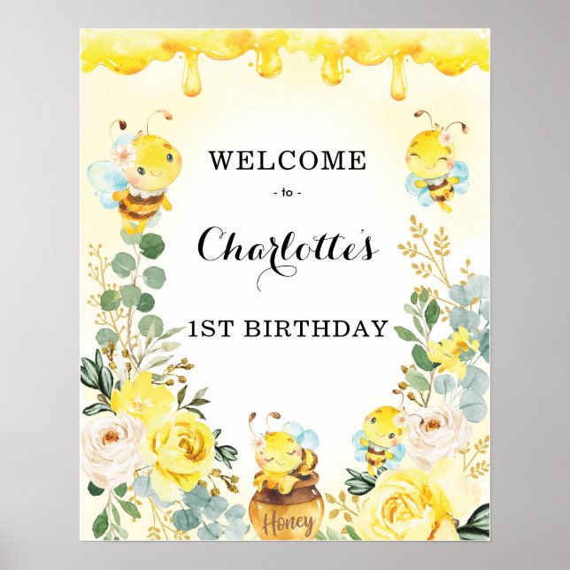 Affiche Sweet Bumble Bee Honeycomb Floral Anniversaire Bie (Devant)