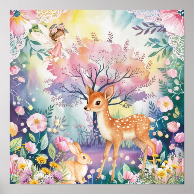 Affiche Sweet Dreams Woodland Deer & Rabbits Nursery  (Devant)