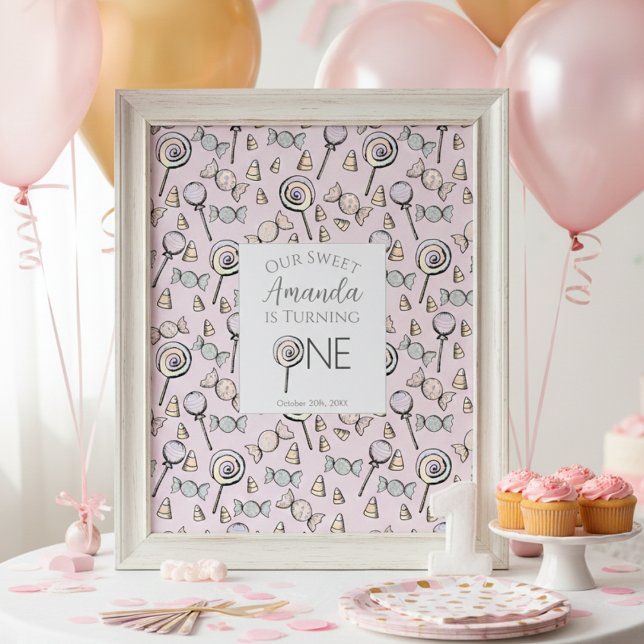 Affiche Sweet Little One Candy Thème Premier anniversaire (Cute Pink Little One 1st Birthday Party Posters for Kids. Girly Candy & Lollipops Pattern for Her)