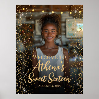 Affiche Sweet sixteen anniversaire confetti or signe de bi