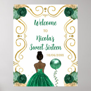 Affiche Sweet sixteen Peau foncée Princesse verte Bienvenu