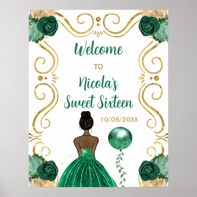 Affiche Sweet sixteen Peau foncée Princesse verte Bienvenu (Devant)