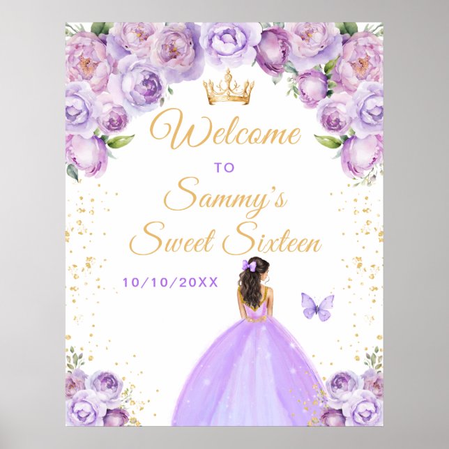 Affiche Sweet sixteen Princesse Brunette violette Bienvenu (Devant)