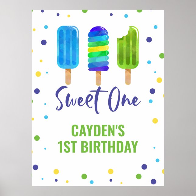 Affiche Sweet Un 1er Anniversaire Ice Pop Bleu Vert (Devant)