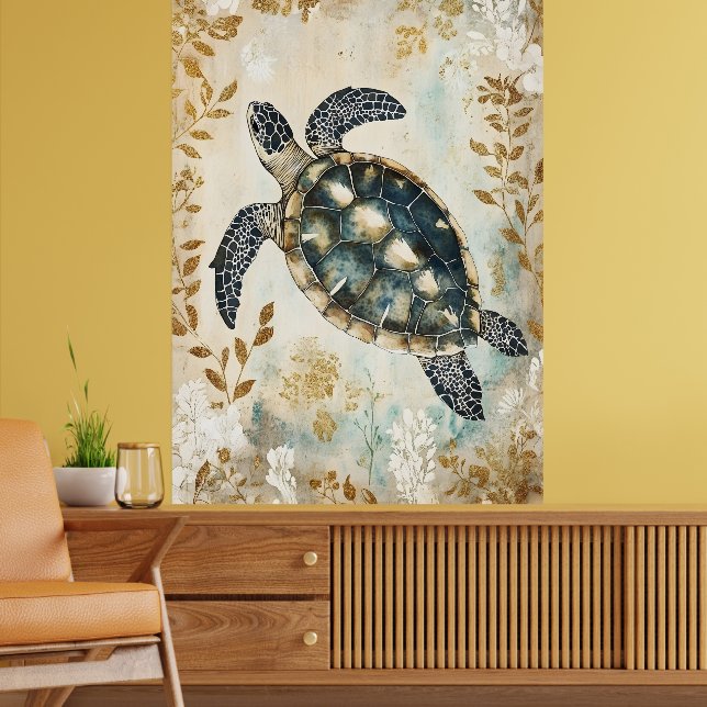 Affiche swimming sea turtle surrounded by floral patterns. (Salon 2)