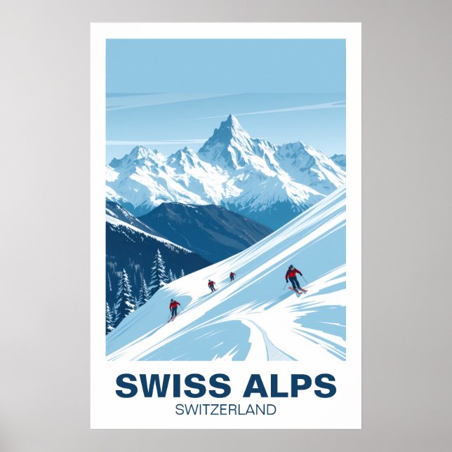 Affiche Swiss Alps Skiing, Switzerland Vintage Travel Art (Devant)